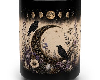 Taza con diseño de cuervo y fases lunares / Taza de café con cuervo / Taza de cristal estilo bruja / Taza negra celestial / Regalo gótico bohemio / Decoración mística de la naturaleza / Taza negra de 444 ml