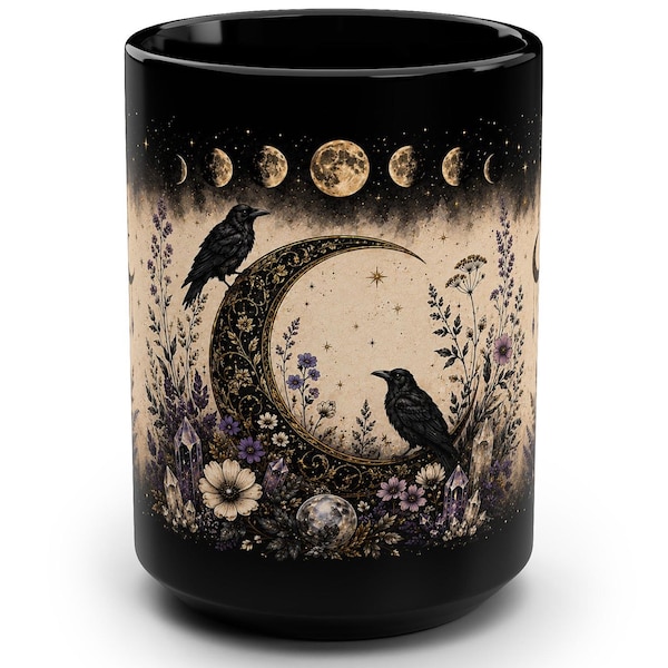 Crow Moon Phase Mug | Raven Coffee Cup |  Witchy Crystal Mug | Celestial Black Mug | Gothic Boho Gift | Mystic Nature Decor | 15oz Black Mug