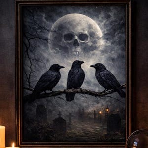 Peut inclure: Une œuvre encadrée représente trois corbeaux noirs perchés sur une branche, avec en arrière-plan une lune en forme de crâne et un cimetière. Des bougies allumées et des cartes de tarot sont disposées sur une surface en bois, créant une ambiance mystique.