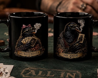 Taza de póker Gothic Crow / Regalo vintage para papá aficionado al casino, taza de café con humor negro