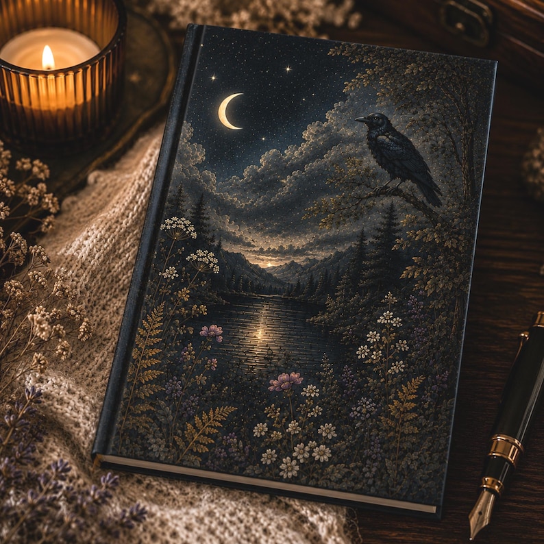 Beautiful back cover of shadow work journal on a matte hardcover with 150 lined pages. featuring lovely botanicals, a stunning crow perched in a tree and moon reflection off of the water below.