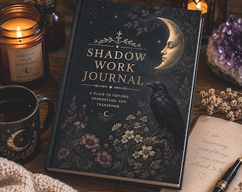 Op de afbeelding: Een hardcover boek getiteld Shadow Work Journal met een donkere kaft voorzien van een maansikkel met een gezicht, een zwarte raaf en bloemen. De tekst luidt Shadow Work Journal, A place to explore, understand, and transform.