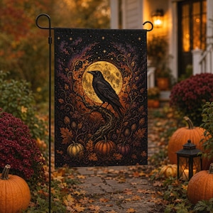 ゴシッククロウムーンガーデンフラッグ｜両面印刷の秋の玄関飾り｜ハロウィン好きへのギフト（12インチ×18インチ）