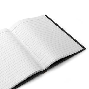 An open hardcover notebook reveals blank white lined pages against a plain background.