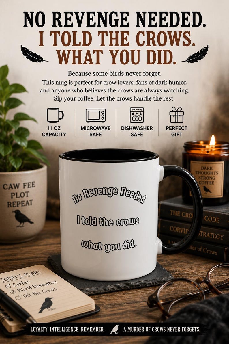 No Revenge Needed I Told The Crows What You Did Mug |Funny Crow Coffee Mug | Dark Humor Gift |Raven Lover | Gothic Bird Mug |Crow Mafia Mug Bild 7