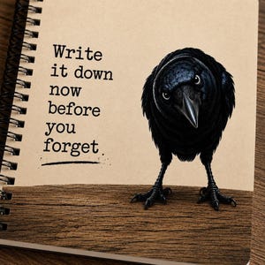 May include: A spiral-bound notebook with a tan cover featuring a black crow illustration and the printed text "Write it down now before you forget." The bottom portion of the cover displays a realistic brown wood grain texture pattern.