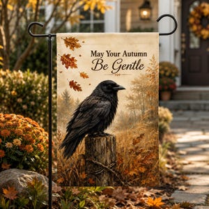 Crow Garden Flag, 12x18 Inch 100% Poly Poplin-Canvas | Autumn Woodland Decor