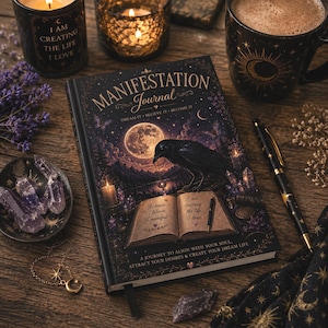 Op de afbeelding: Een zwart manifestatie-dagboek met harde kaft, voorzien van een illustratie van een volle maan, een raaf en een open boek. De tekst luidt Manifestation Journal, Dream It Believe It Become It en A Journey To Align With Your Soul.