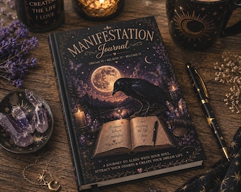 Op de afbeelding: Een zwart manifestatie-dagboek met harde kaft, voorzien van een illustratie van een volle maan, een raaf en een open boek. De tekst luidt Manifestation Journal, Dream It Believe It Become It en A Journey To Align With Your Soul.