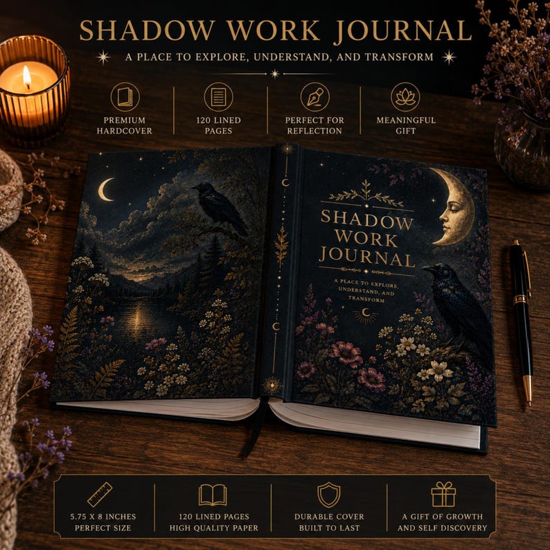 The shadow work journal is opened flat to show the front cover and the matching night landscape interior art.