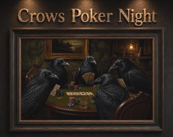 Cuadro decorativo de cuervos jugando al póker / Decoración gótica para cueva de hombre, estilo Dark Academia.