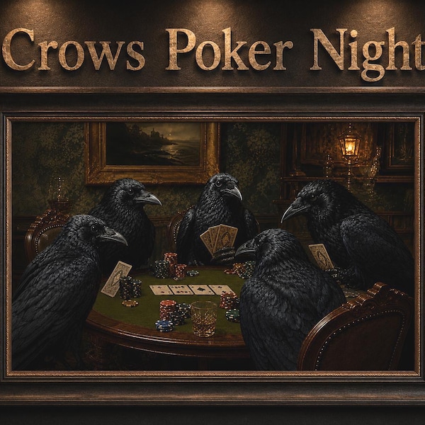 Crows Playing Poker Wall Art | Raven Gothic Man Cave Decor, Dark Academia Print