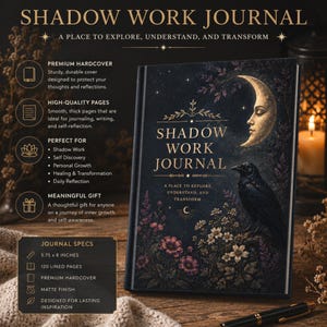 A hardcover shadow work journal with crow and moon art is surrounded by promotional text overlays.