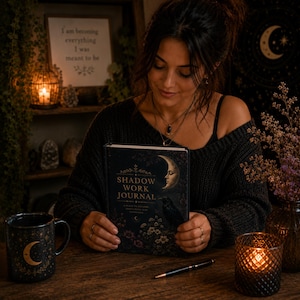 A woman sits at a wooden desk holding the shadow work journal, flanked by a candle and a mug.