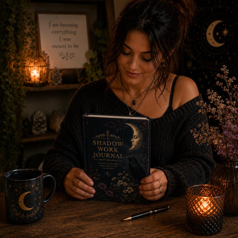 A woman sits at a wooden desk holding the shadow work journal, flanked by a candle and a mug.