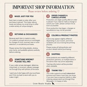 Op de afbeelding: Een rechthoekige informatieve afbeelding getiteld IMPORTANT SHOP INFORMATION met zeven genummerde secties die het beleid voor op bestelling gemaakte artikelen, retouren, ruilen, wijzigingen, kleurvariaties en klantenservice van Crow Route Studio beschrijven.