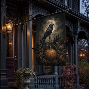 Crow House vlag, 24,5 x 32 cm dubbelzijdig gotisch buitenbanner | Harvest Moon decoratie