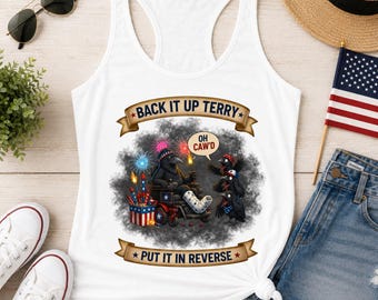 Camiseta sin mangas Back It Up Terry / Camiseta divertida del 4 de julio / Camiseta sin mangas estilo racerback para mujer / Camiseta sin mangas divertida del 4 de julio / Camiseta de verano / Camiseta sin mangas con cuervo divertido