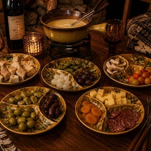 Peut inclure: Un caquelon à fondue en céramique sur un support en métal, accompagné de cinq assiettes divisées contenant des cubes de pain, cornichons, oignons grelots, olives, champignons, tomates cerises, dés de fromage, abricots secs et salami, avec fourchettes.