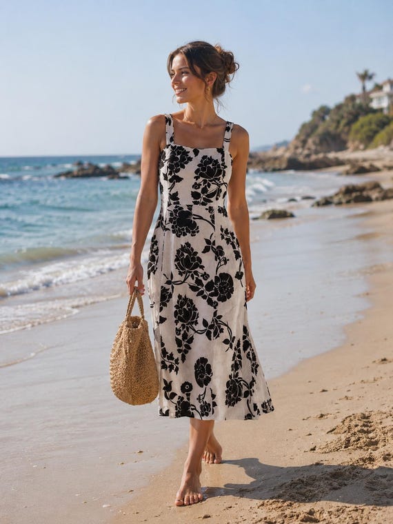Spighe Di Lino White & Black Floral Linen Dress – Made in Italy, Size Small