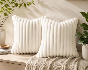 Set of 2 Piece 22x22 Inch Bright White Faux Fur Cushion Pillow