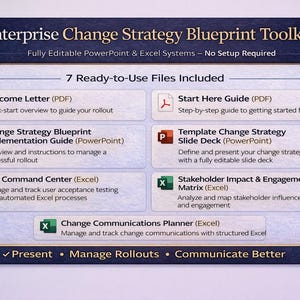 Enterprise Change Strategy Blueprint Toolkit | Change Management Templates | UAT Tracker | Stakeholder Matrix | Communications Plan