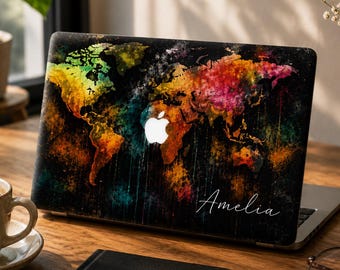 Personalized World Map MacBook Case, Custom Name Hard Shell Cover for MacBook Air 13 Pro 14 16 M2 M3 M4, Travel Graduation Gift for Her