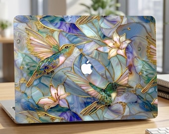 MacBook-skal med kolibri i målat glas, hårt skal med art nouveau-motiv och blommönster för Air, Pro och Neo