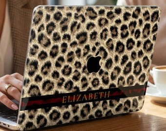 Luxury Leopard Print MacBook Case Personalized, Aesthetic Animal Cover for MacBook Air 13 M2 M3 M4, Pro 14 16, Custom Gold Name Gift Her