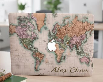 Vintage Map MacBook Case Custom Name, Personalized Hard Shell MacBook Air 13 M2 M3 M4 Pro 14 16, Travel Laptop Cover Gift for Her