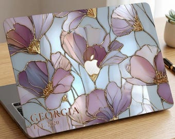 Personalized Floral MacBook Case, Stained Glass Style Hard Shell Laptop Cover, Gold Flower Case for MacBook Air M4 M3 M2 M1 Pro 14 16