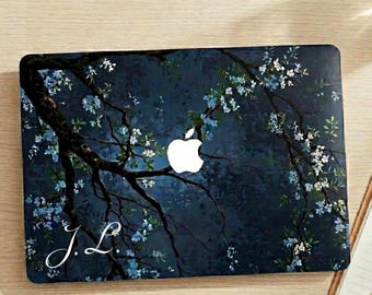 Floral Night MacBook Case, Custom Name or Initial Hard Shell MacBook Air 13 M2 M3 M4 Pro 14 16, Dark Botanical Laptop Cover Gift for Her