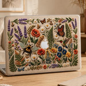 Botanical MacBook Case, Cottagecore Floral Hard Shell with Embroidery Effect for MacBook Air Pro Neo