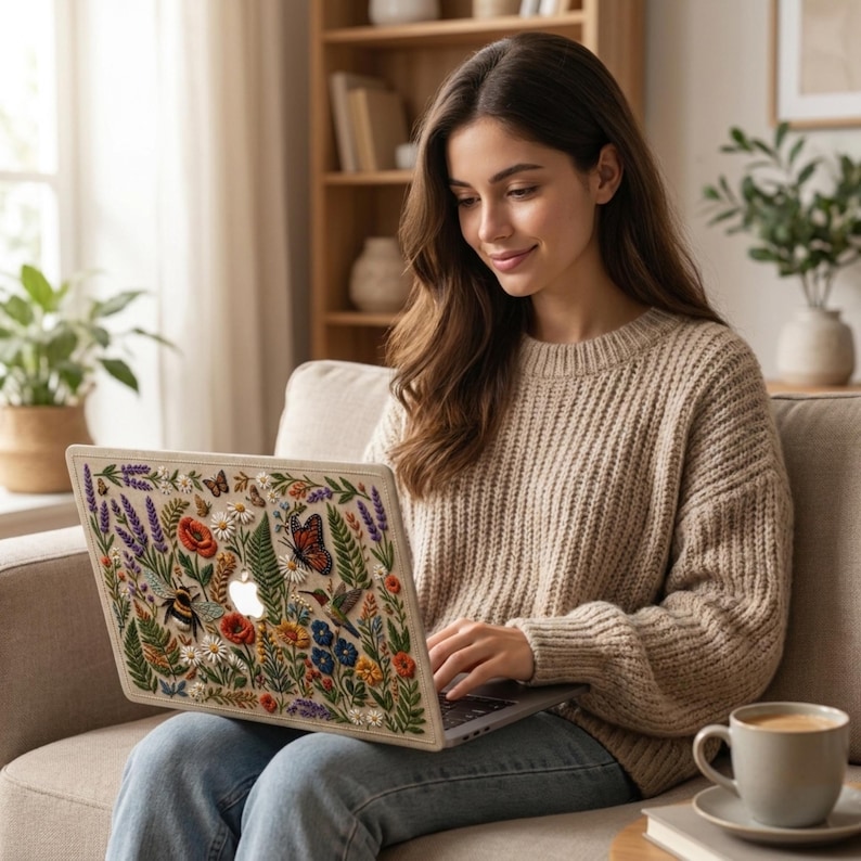 Smiling woman sitting on cozy sofa using MacBook with floral embroidery effect case featuring wildflowers, lavender, poppies, monarch butterfly, and botanical elements on linen-texture background. Wearing cream knit sweater in warm living room with plants, shelving, and coffee cup nearby. Relaxed home lifestyle setting. Perfect botanical MacBook case for women who love cottagecore aesthetic and want their everyday essentials to feel beautiful and personal.