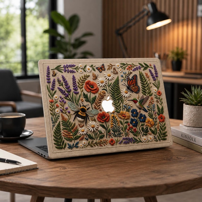 MacBook case with floral embroidery effect design featuring wildflowers, lavender, poppies, ferns, monarch butterfly, hummingbird, and bumblebee on warm linen-texture background. Shown on round wooden table in modern home office setting with industrial lamp, coffee cup, succulent plant, and Kinfolk book. Bright natural light from large window in background. Ideal for remote workers and creative professionals who love botanical aesthetic.