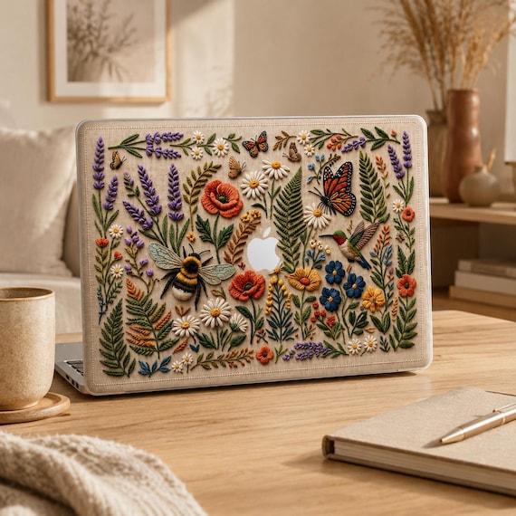 Botanical MacBook Case, Cottagecore Floral Hard Shell with Embroidery Effect for MacBook Air Pro Neo