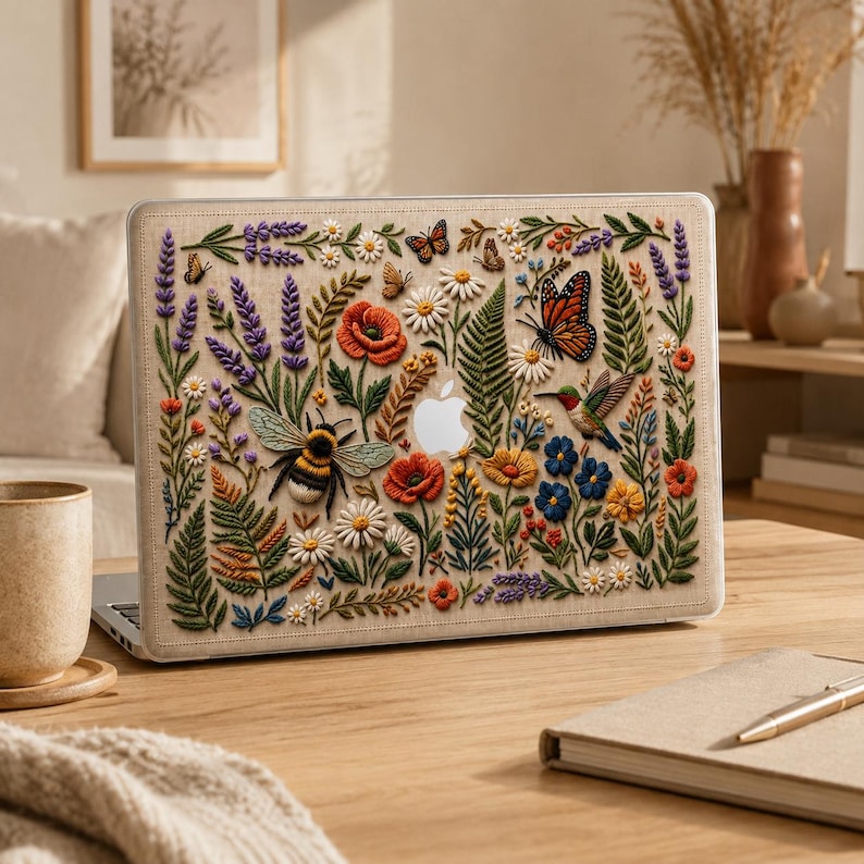 Botanical MacBook case featuring floral embroidery effect design with detailed wildflowers, lavender, poppies, daisy blooms, monarch butterfly, hummingbird, and bumblebee on textured linen-look background. Rich botanical illustration in warm greens, reds, purples, and yellows. Shown on wooden desk in cozy boho home setting with ceramic mug, notebook, and dried flowers in background. Perfect gift for cottagecore lovers and nature enthusiasts.