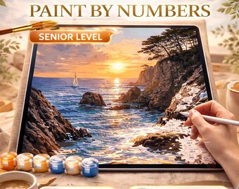 Ocean Sunset Paint by Numbers for Procreate, Advanced Coastal Seascape Art Template for iPad M2 M3 M4, Digital Painting Kit