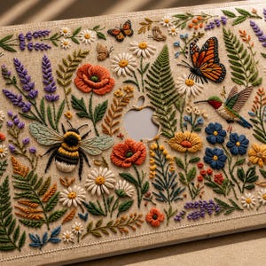 Macro close-up of our floral embroidery effect MacBook case showing the highly detailed botanical artwork around the Apple logo visible area. The smooth hard shell features realistic embroidery-look flowers, butterflies, bees, and hummingbird printed in high definition on a beige background. Detail photo highlighting the premium print quality, texture illusion, and intricate cottagecore-inspired design.
