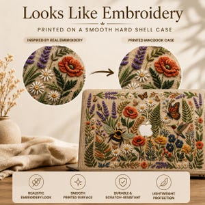 Infographic explaining the embroidery effect of our botanical MacBook case. Side-by-side comparison shows inspiration from real embroidery and the finished smooth printed hard shell MacBook case with the Apple logo area left unprinted. Features highlighted include realistic embroidery appearance, smooth printed surface, lightweight protection, scratch-resistant construction, and premium botanical floral design for MacBook Air and Pro.