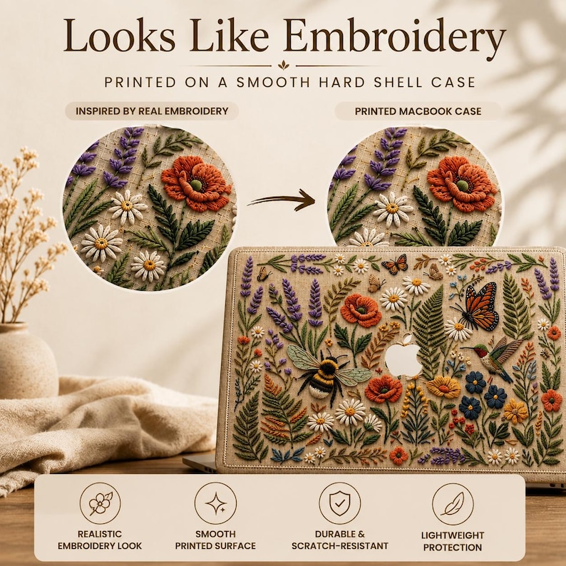 Infographic explaining the embroidery effect of our botanical MacBook case. Side-by-side comparison shows inspiration from real embroidery and the finished smooth printed hard shell MacBook case with the Apple logo area left unprinted. Features highlighted include realistic embroidery appearance, smooth printed surface, lightweight protection, scratch-resistant construction, and premium botanical floral design for MacBook Air and Pro.