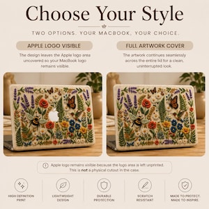 Comparison infographic showing two style options for our botanical embroidery effect MacBook case. The left side displays the Apple logo visible with the logo area left unprinted, while the right side features full artwork coverage for a seamless design. The infographic highlights the realistic embroidery look, smooth printed hard shell surface, lightweight protection, scratch-resistant finish, and high-definition print for MacBook Air and MacBook Pro models.