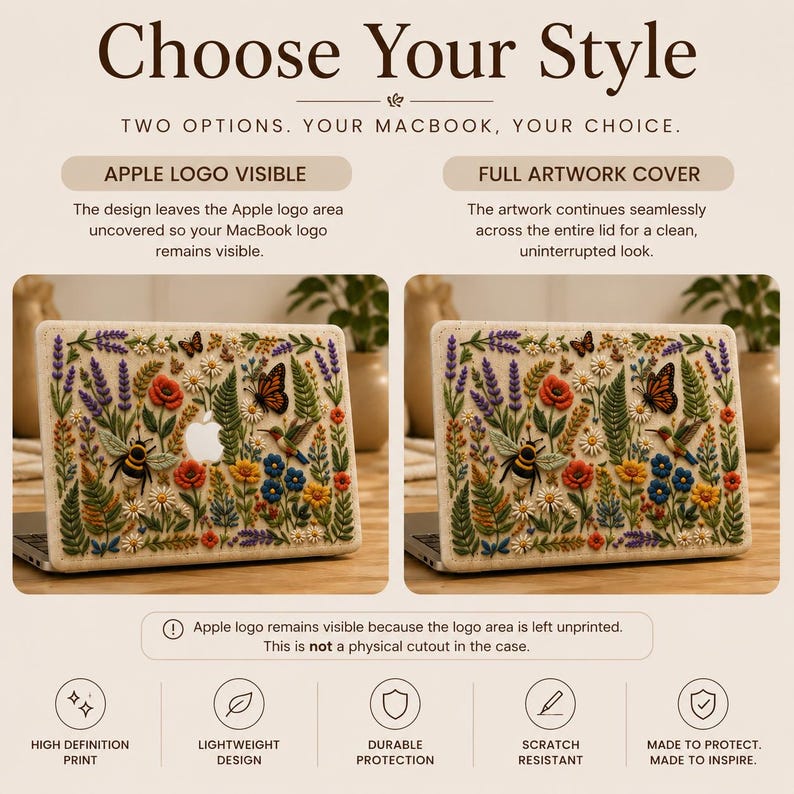 Comparison infographic showing two style options for our botanical embroidery effect MacBook case. The left side displays the Apple logo visible with the logo area left unprinted, while the right side features full artwork coverage for a seamless design. The infographic highlights the realistic embroidery look, smooth printed hard shell surface, lightweight protection, scratch-resistant finish, and high-definition print for MacBook Air and MacBook Pro models.