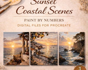Sunset Coastal Scenes Paint by Numbers Bundle, 3 Digital Procreate Art Kits for iPad, Instant Download Landscape Gift for Her
