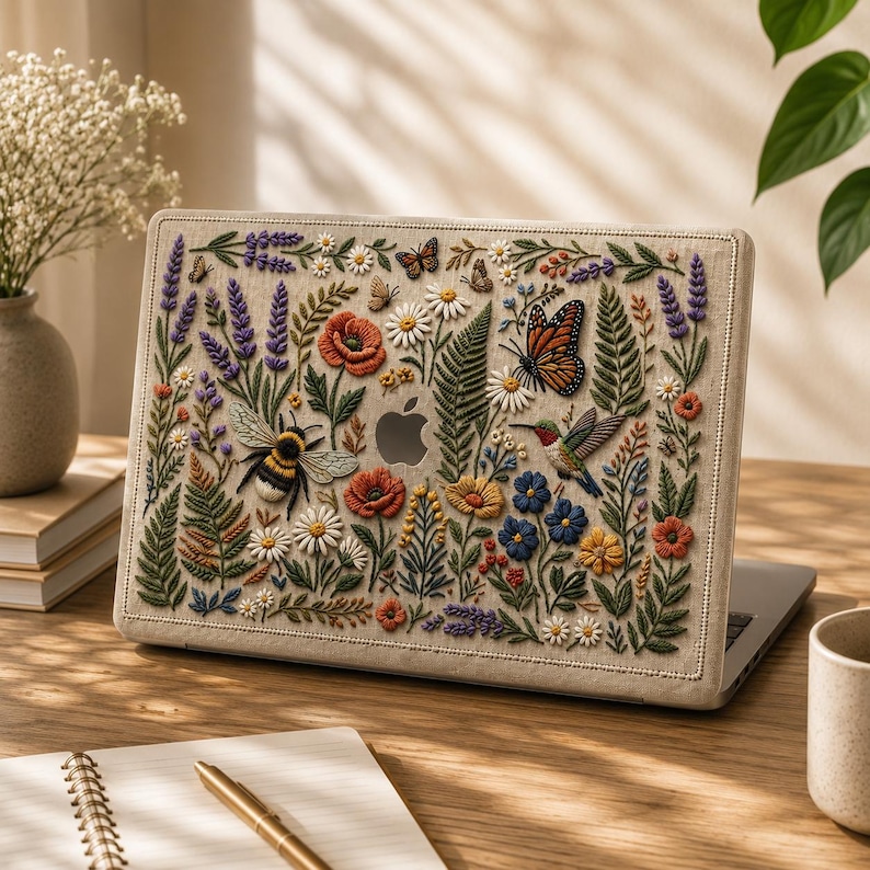 MacBook case with floral embroidery effect design featuring wildflowers, lavender, poppies, ferns, daisies, monarch butterfly, hummingbird, and bumblebee on warm linen-texture background. Shown on sunlit wooden desk with open notebook, gold pen, ceramic mug, and white wildflower stems. Soft natural light creates warm airy atmosphere. Beautiful botanical gift for cottagecore lovers, botanical art enthusiasts, and women who love nature-inspired workspace aesthetics.