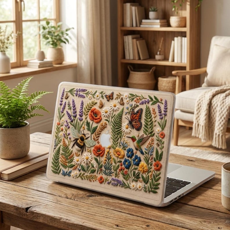 MacBook case with floral embroidery effect design featuring wildflowers, lavender, poppies, ferns, daisies, monarch butterfly, hummingbird, and bumblebee on warm linen-texture background. Shown on rustic wooden table in cozy cottage interior with large window, wooden bookshelves, fern plant, and knit throw blanket on armchair. Warm natural light and earthy tones create authentic cottagecore home atmosphere. Beautiful botanical gift for nature lovers and botanical aesthetic enthusiasts.