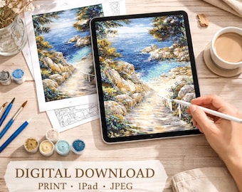 Digital Paint by Numbers Coastal Path, Procreate Kit for iPad and Print, Instant Download Landscape Art Activity Gift for Her