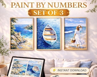 Digital Paint by Numbers Set, Coastal Ocean Landscapes, Mediterranean Beach Art (Instant Download)