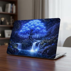 MacBook-hoes gloeiende blauwe boom, magische waterval fantasie harde schaal voor MacBook Pro 14 16 Air 13 M2 M3, neon natuur plastic laptophoes