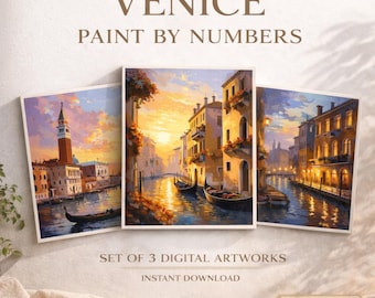 Set of 3 Venice Paint by Numbers Digital Templates, DIY Adult Coloring Pages, Aesthetic Italian Canal Art Therapy, Instant Download Gift